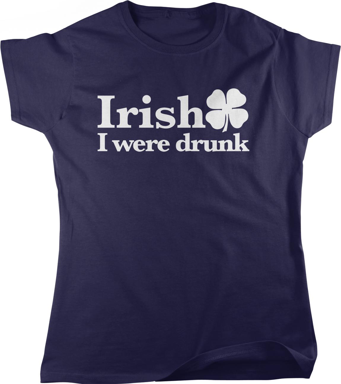 The image is a navy blue t-shirt with white text and a four-leaf clover graphic printed on it.
