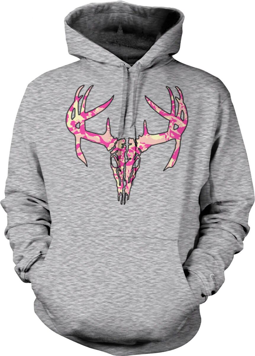 Pink Camo Hunting Hoodie - Unisex Deer Skull Sweatshirt With Double Ply Hood