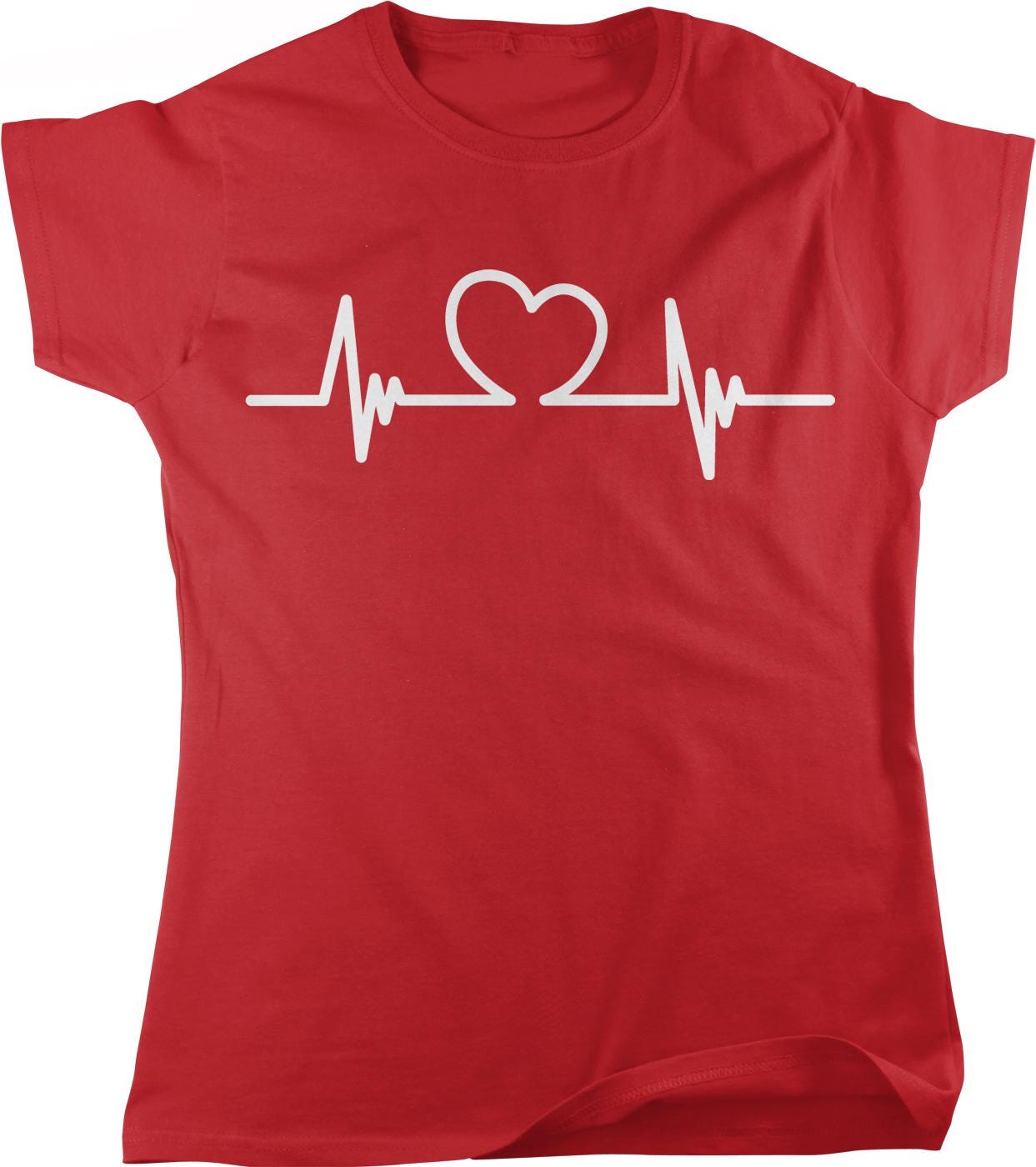 A red t-shirt with a white heart symbol and a white line representing a heartbeat.