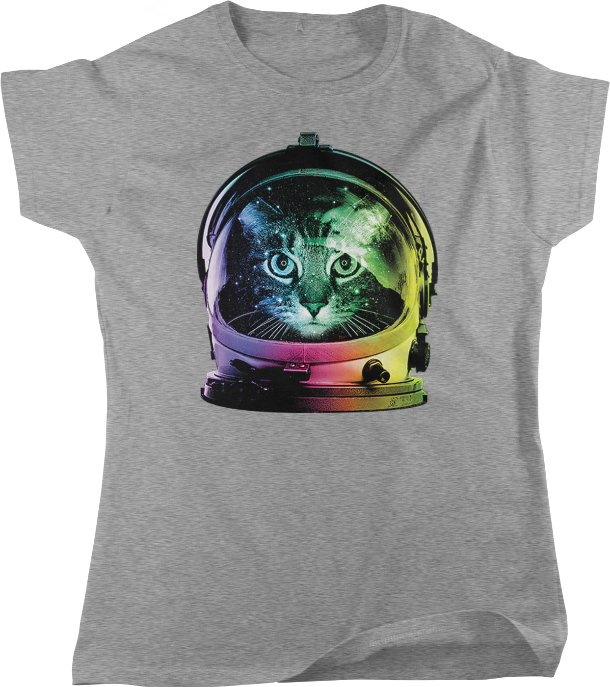 A gray t-shirt with a graphic design depicting a cat wearing a colorful space helmet.