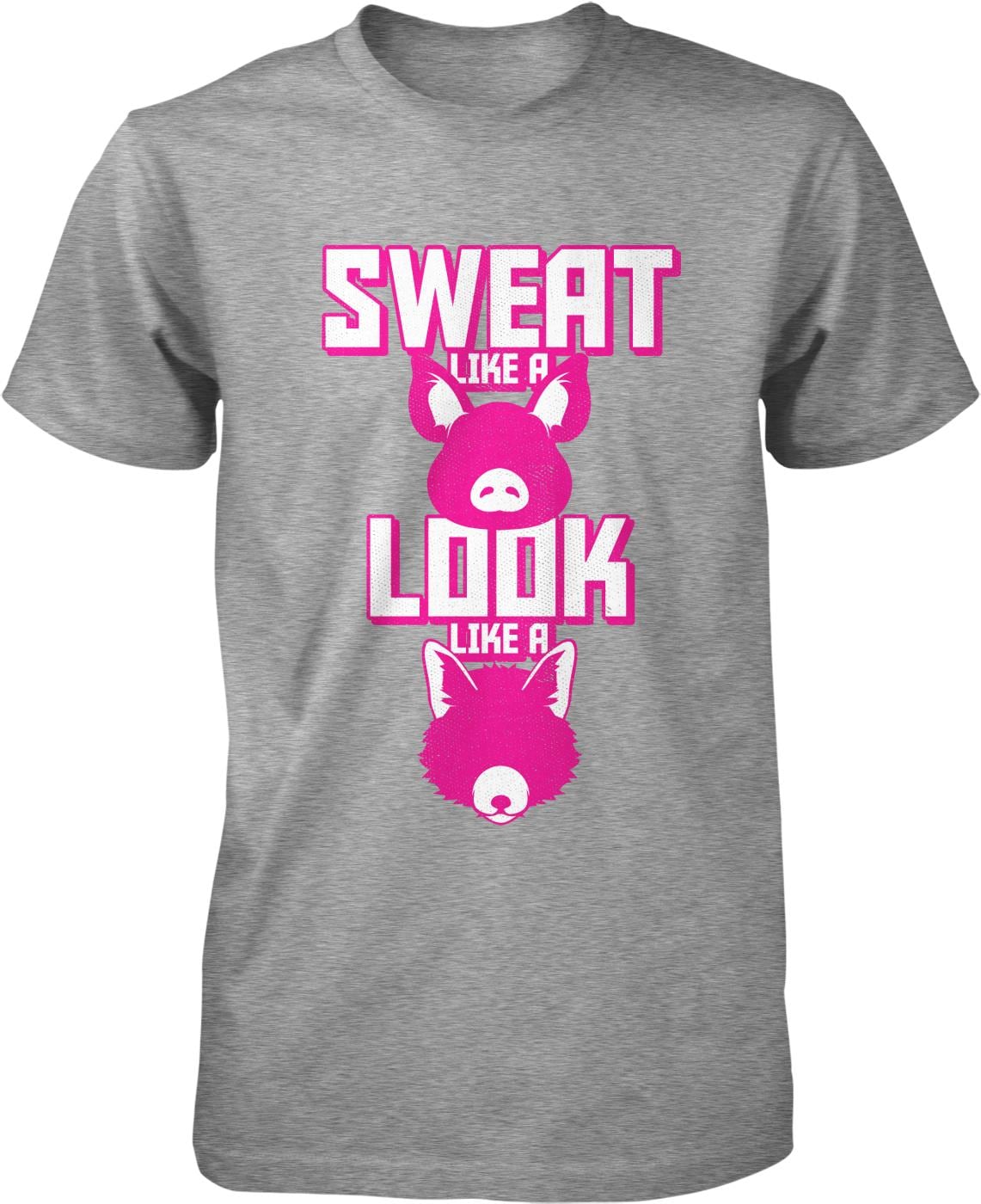 A gray t-shirt with a graphic design featuring a pink pig and the text "SWEAT LIKE A LOOK LIKE A PIG".
