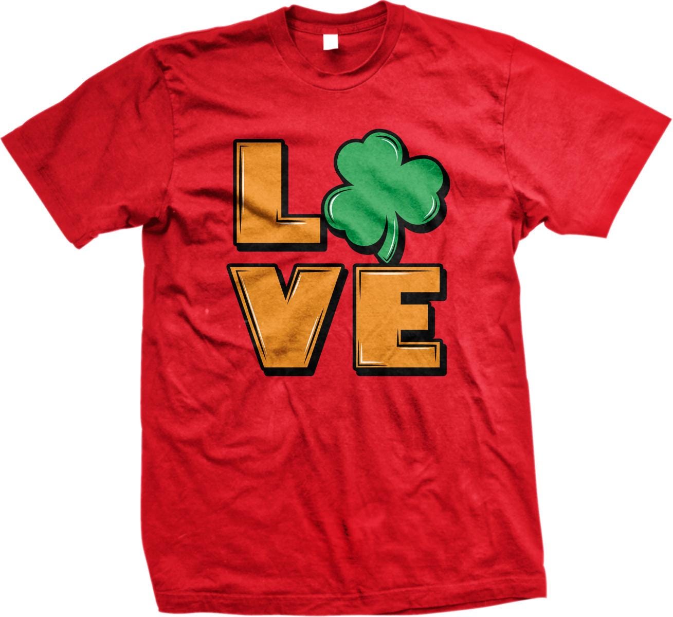 A red t-shirt with the word "LOVE" and a cloverleaf graphic printed on it.