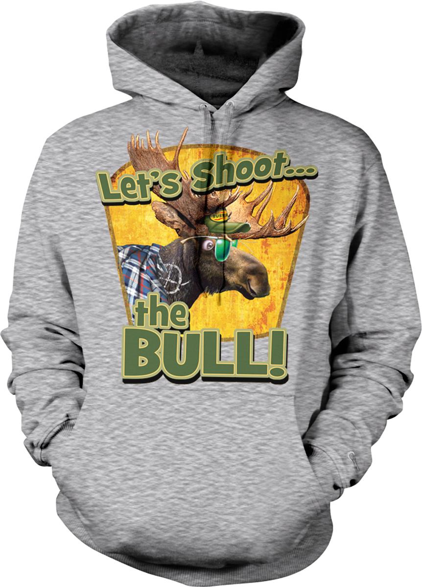 A gray hoodie with a graphic design featuring a moose wearing sunglasses and the text "Let's Shoot... the Bull!"