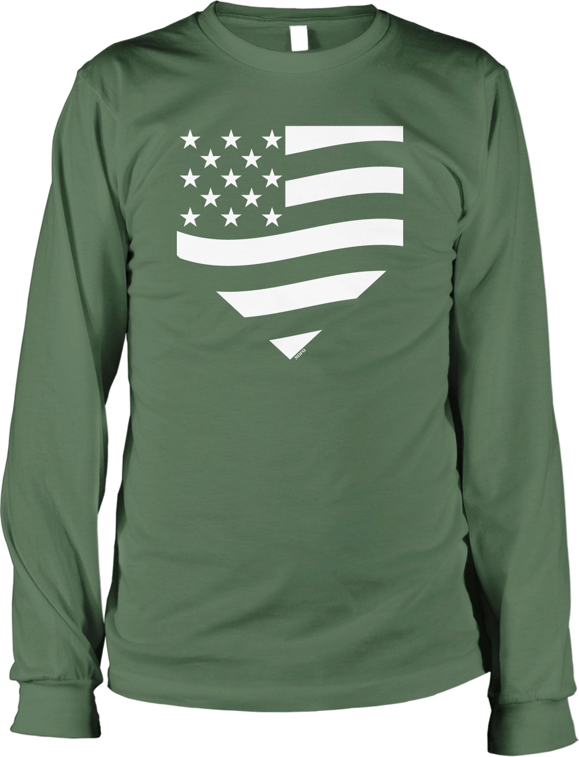 A long-sleeved green t-shirt with a white graphic design depicting the American flag inside a heart shape.