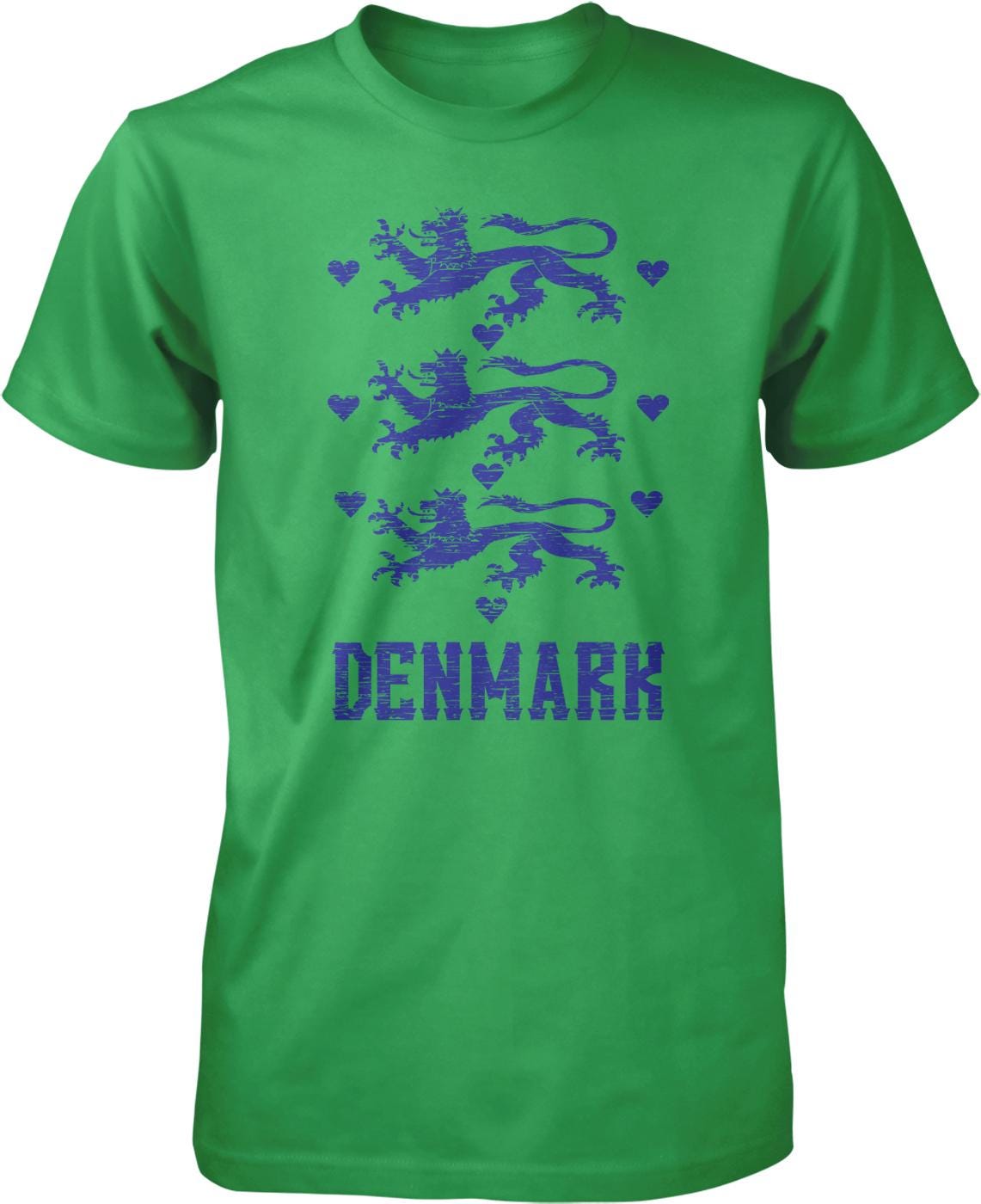 A green t-shirt with a graphic design featuring three blue lions and hearts arranged in a row. The word "DENMARK" is printed below the graphic.