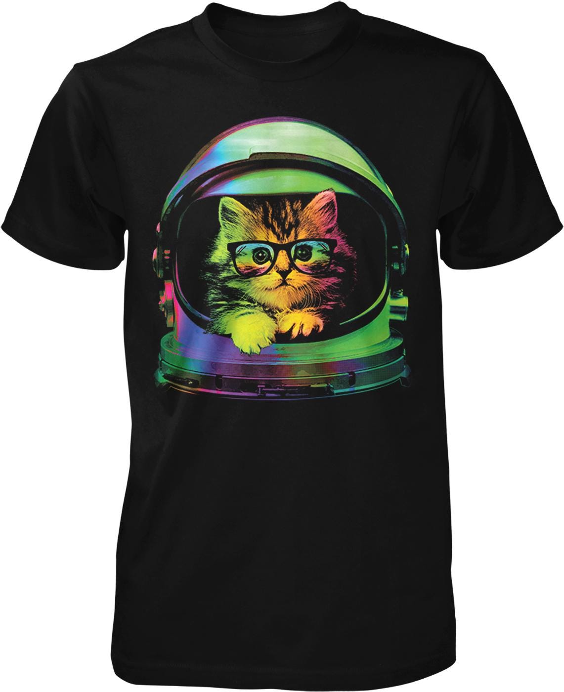 A black t-shirt with a colorful graphic of a cat wearing a space helmet and glasses, looking out of the helmet.