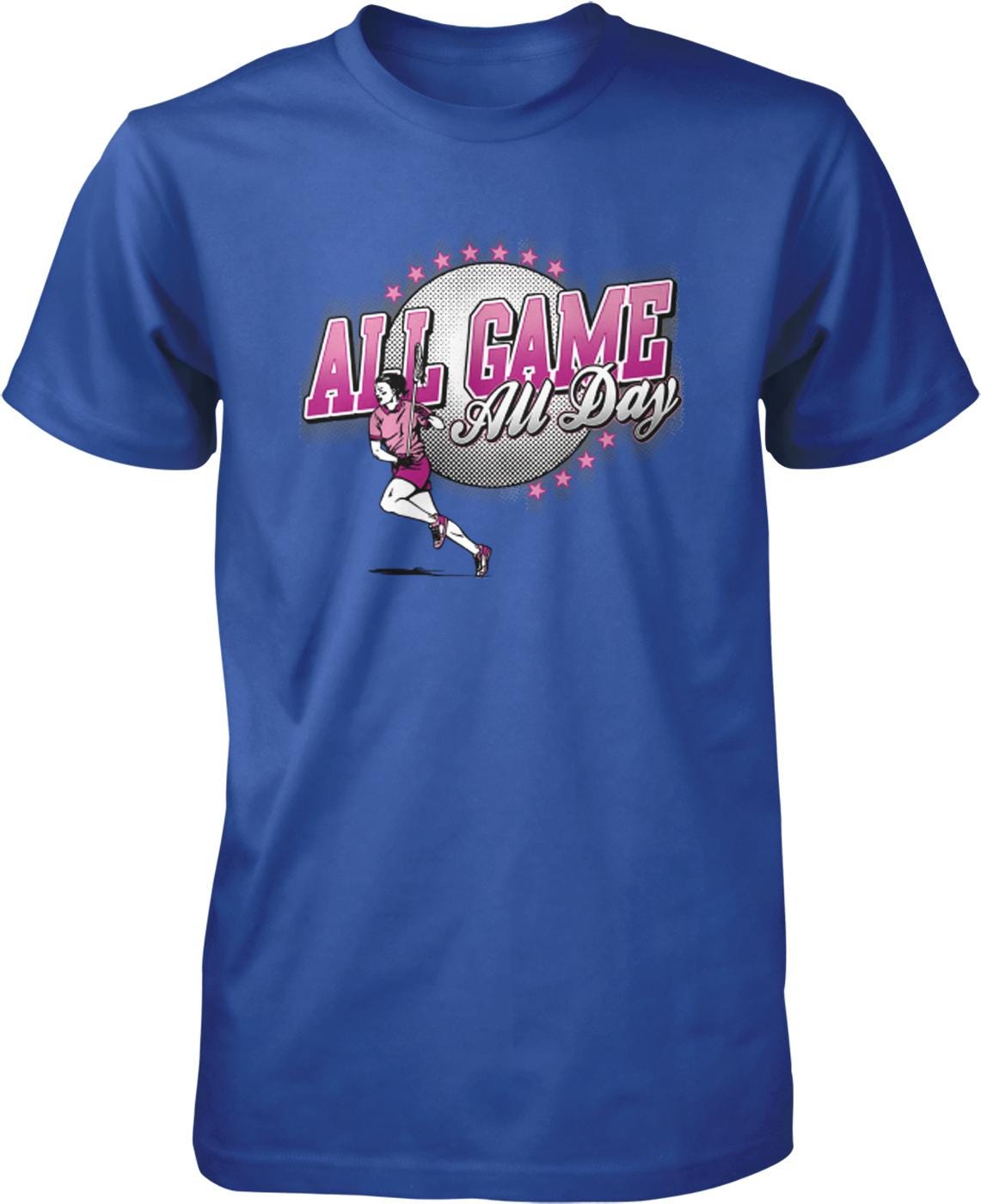 A blue t-shirt with a graphic design featuring a woman running and the text "All Game All Day" in pink and white colors.