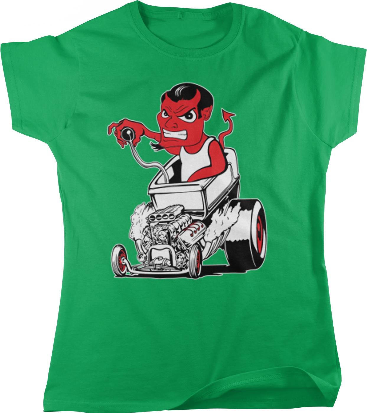 A green t-shirt with a cartoon image of a red devil-like character sitting in a car with a large engine.