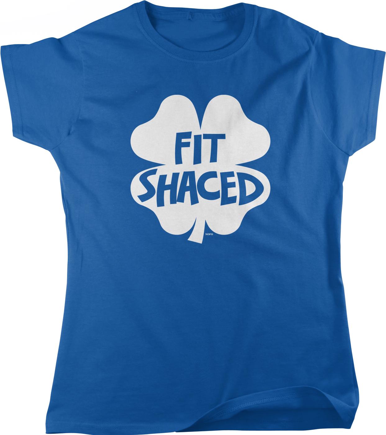 A blue t-shirt with a white graphic design that says "FIT SHAGED" in bold letters.