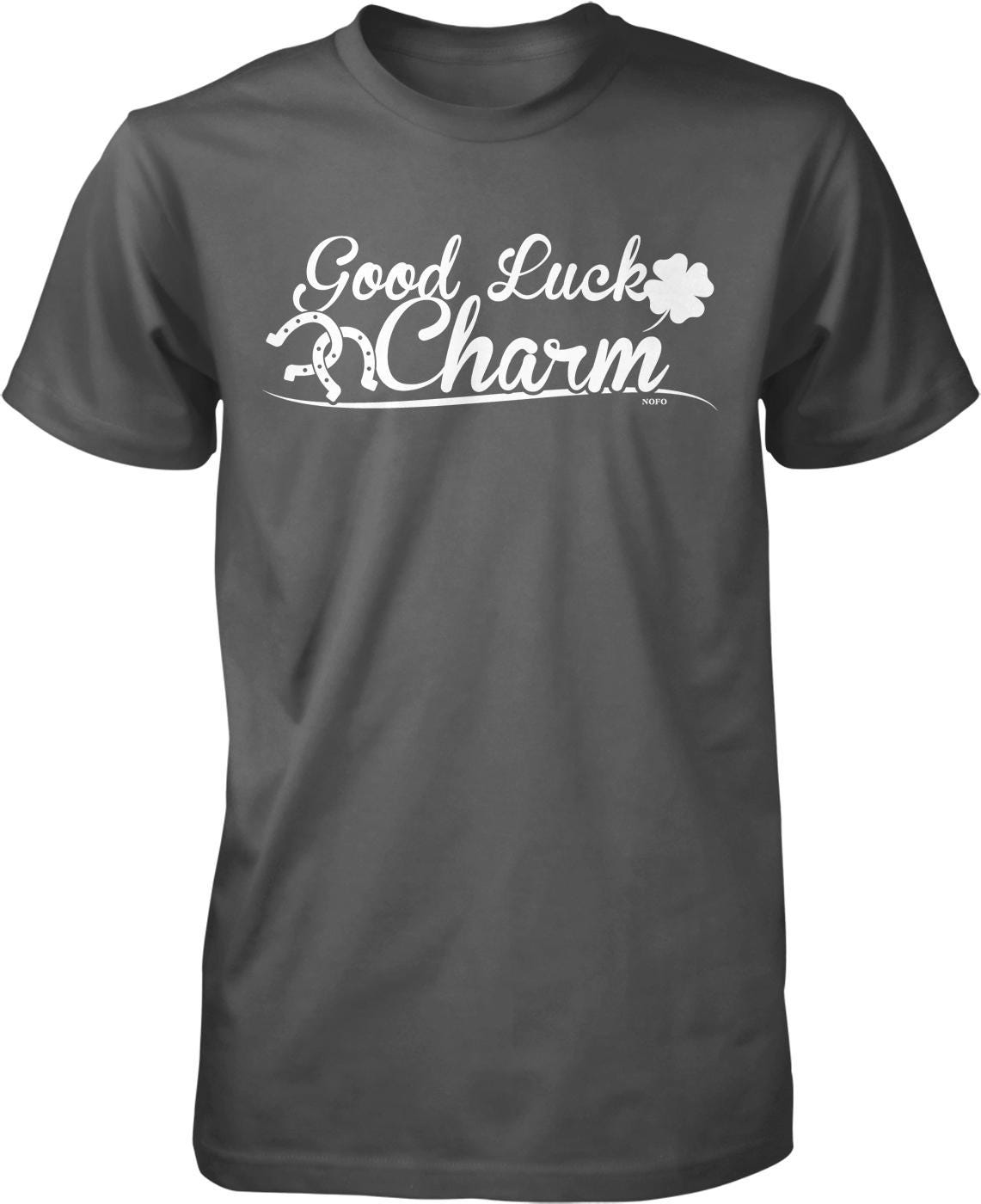 A gray t-shirt with the text "Good Luck Charm" printed on it in white lettering.