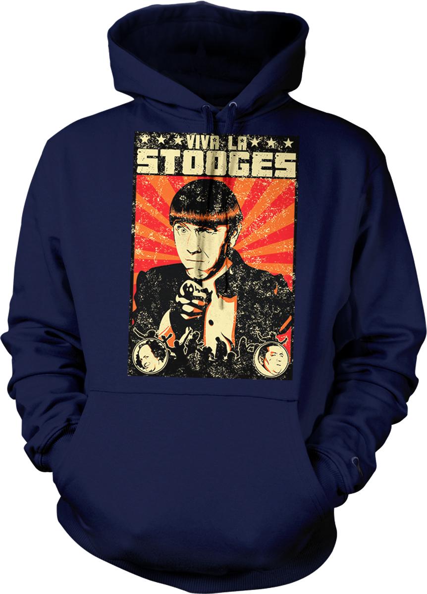 a navy blue hoodie with a graphic design depicting a man with a serious expression, holding a gun.