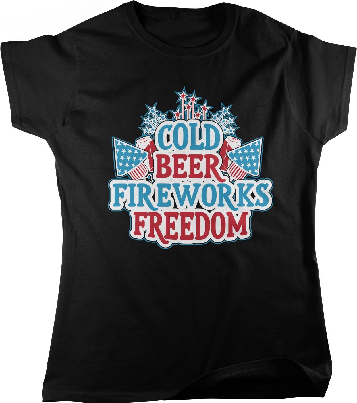 A black t-shirt with a graphic design featuring the text "COLD BEER FIREWORKS FREEDOM" surrounded by fireworks and stars.