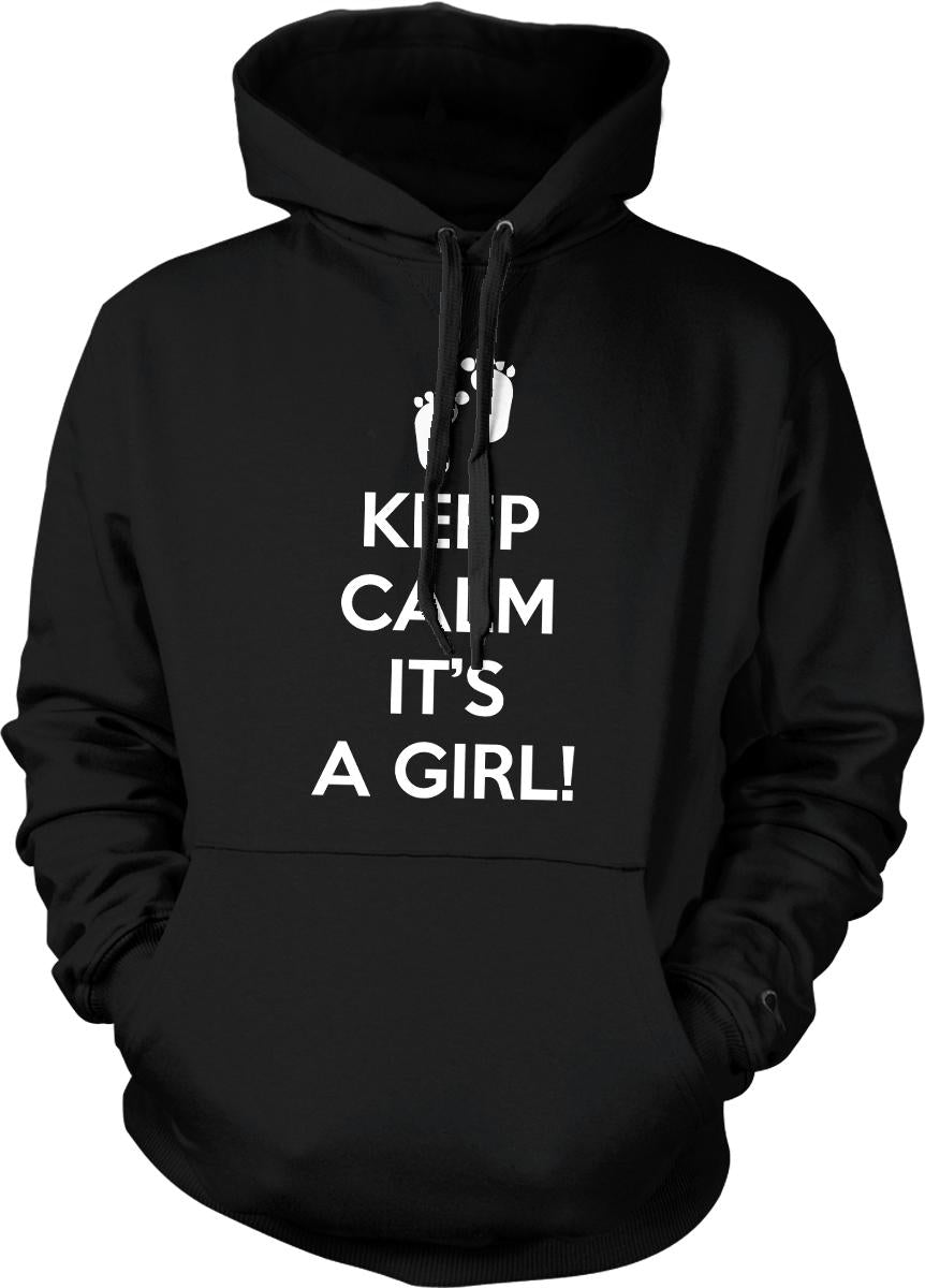 A black hoodie with white text that says &quot;KEEP CALM IT&#39;S A GIRL!&quot;