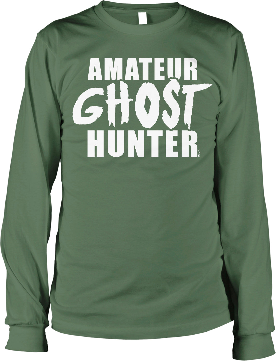 A green long-sleeved t-shirt with the text "AMATEUR GHOST HUNTER" printed on it in white lettering.