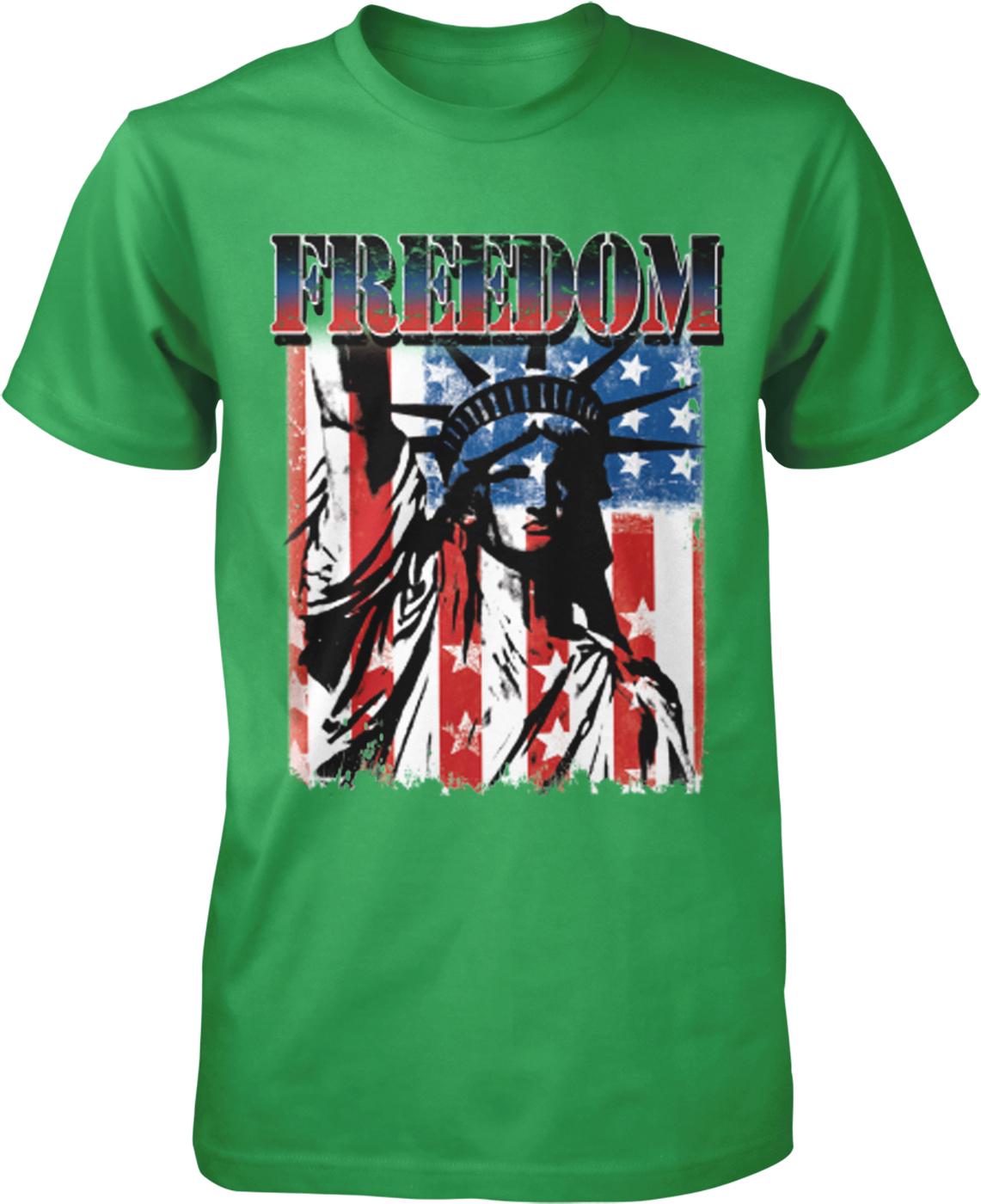 A green t-shirt with a graphic design featuring the Statue of Liberty and an American flag.