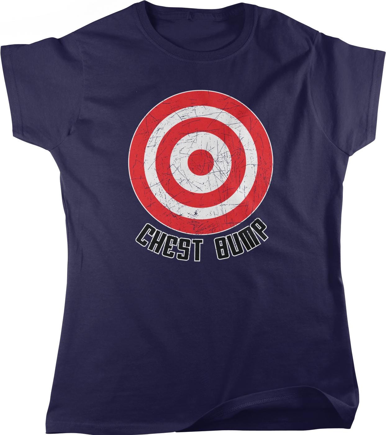 A navy blue t-shirt with a graphic design of a red and white target with the text "CHEST BUMP" below it.