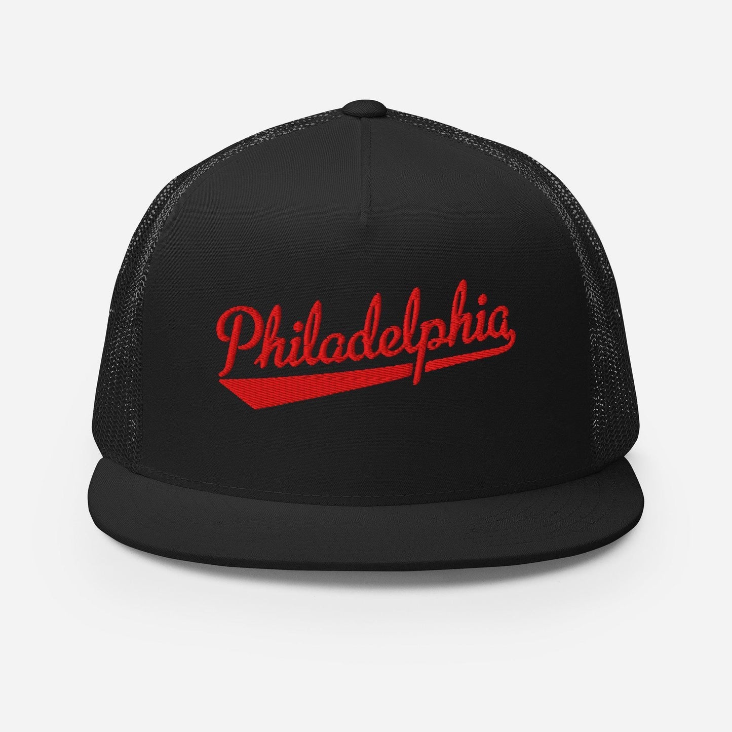 A black baseball cap with the word "PhiladELPHIA" printed in red on the front.