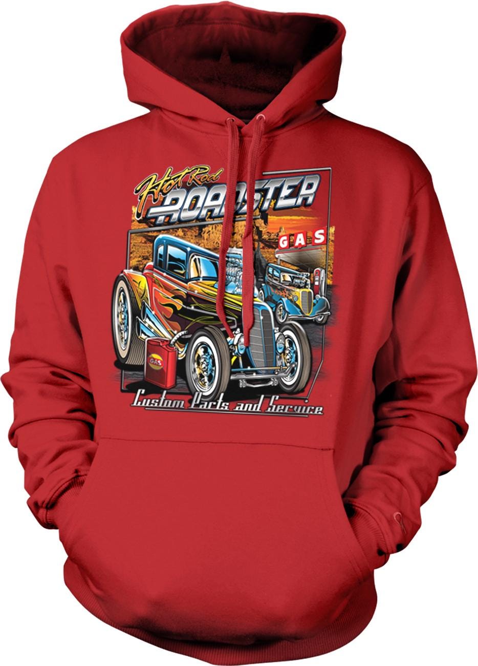 A red hoodie with a graphic design featuring a colorful car and the text "Roadster Gas" printed on it.