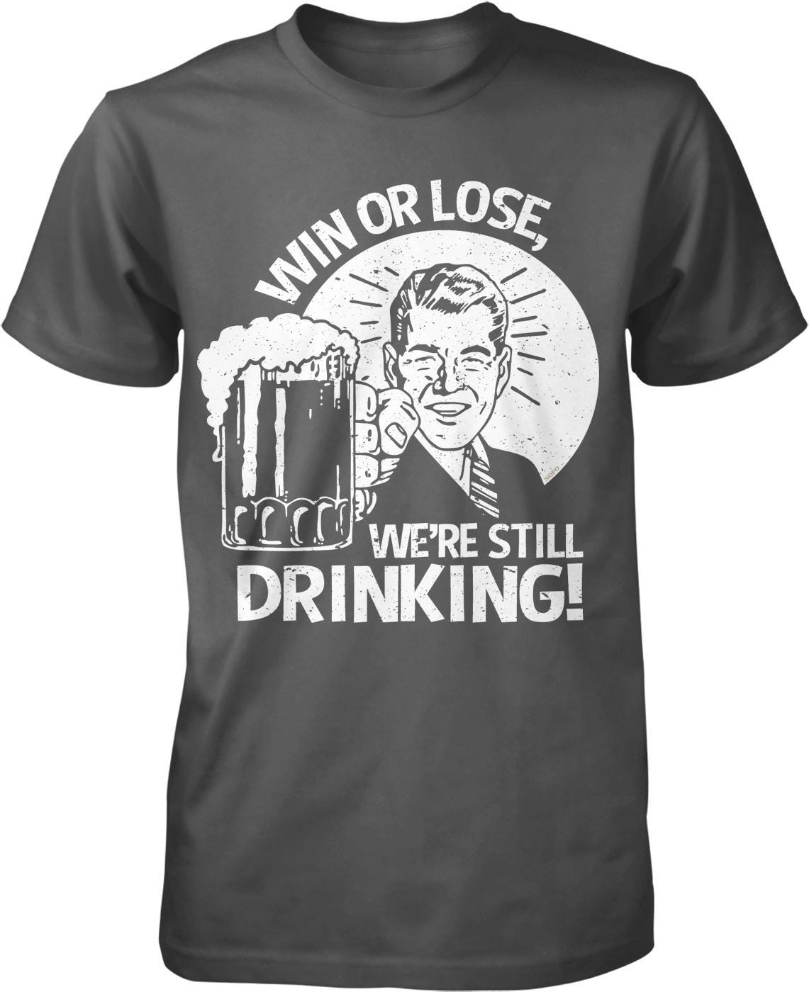 A black and white graphic t-shirt with a humorous text and illustration.