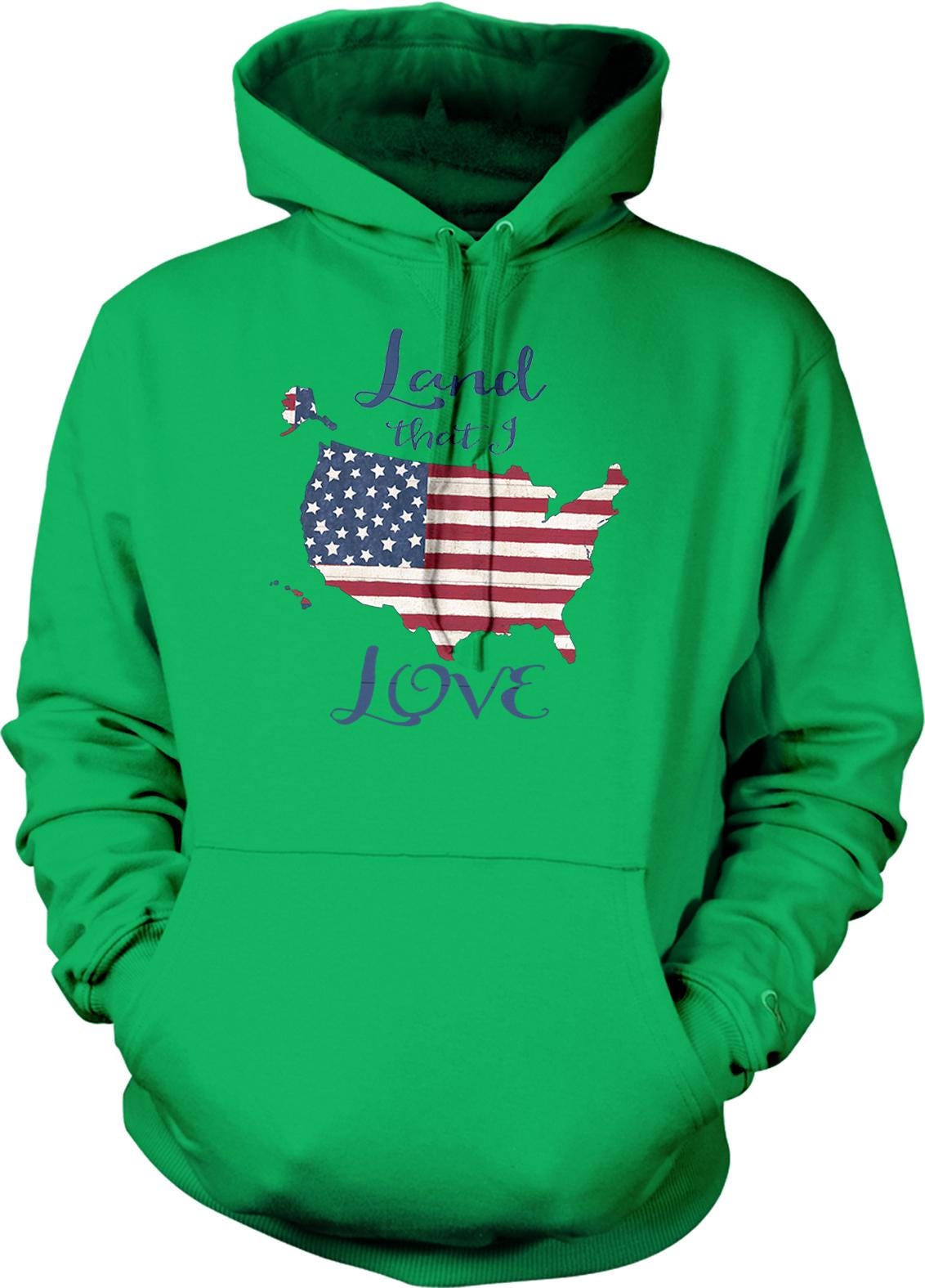 A bright green hoodie with a graphic design of the United States map and the text "I love" printed on it.