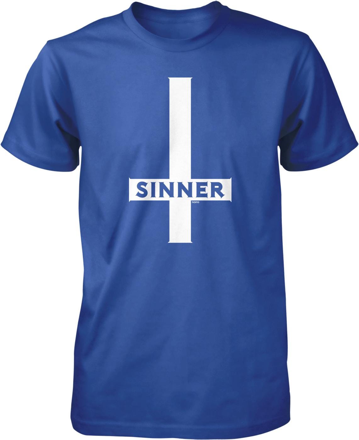 A blue t-shirt with a white graphic design on it.