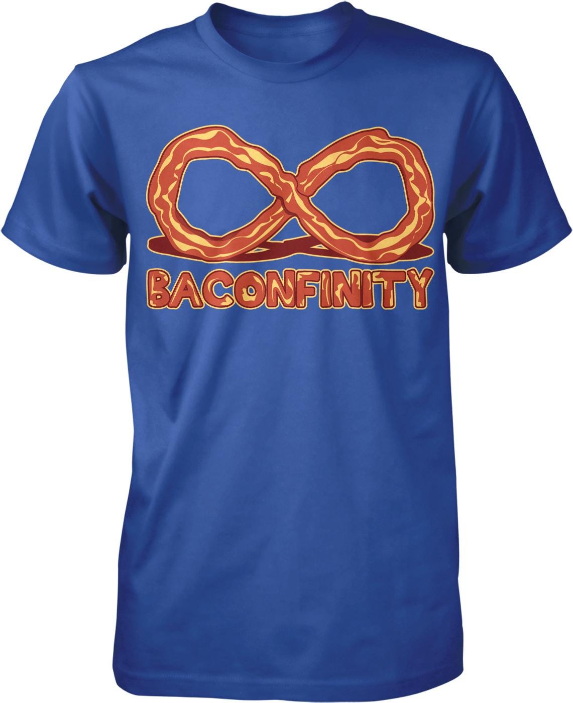 A blue t-shirt with a graphic design featuring a large, stylized pretzel and the word "BaconFinity" written below it.