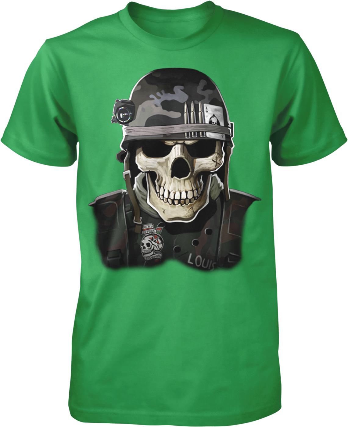 A green t-shirt with a graphic design depicting a skull wearing a military-style helmet and carrying a weapon.
