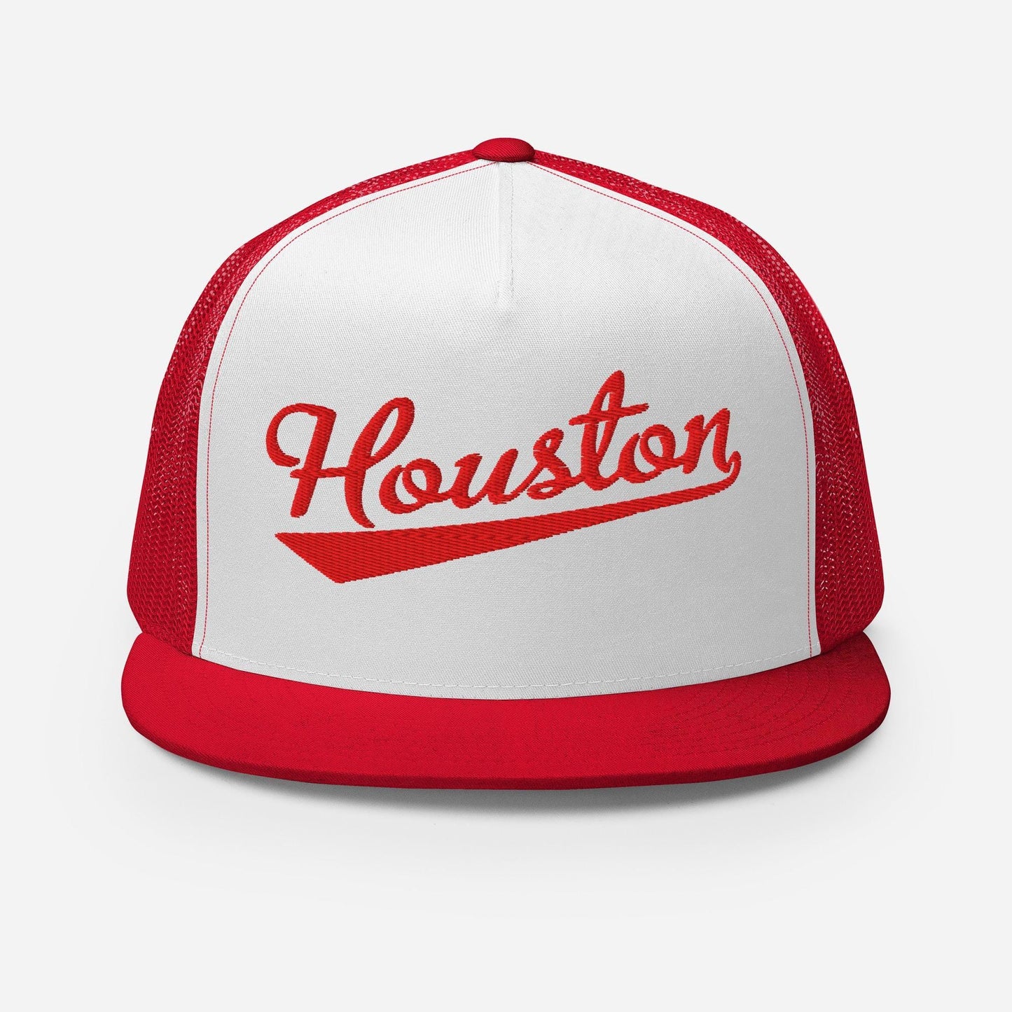 A red and white baseball cap with the word "Houston" printed on it.