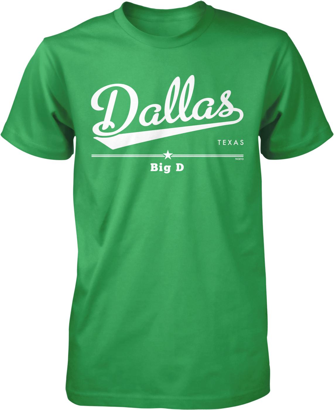 A green t-shirt with white text that says "Dallas, TX" and "Big D".