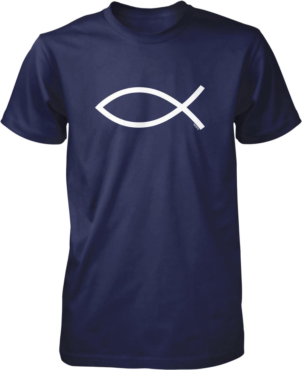 A navy blue t-shirt with a white fish symbol printed on it.