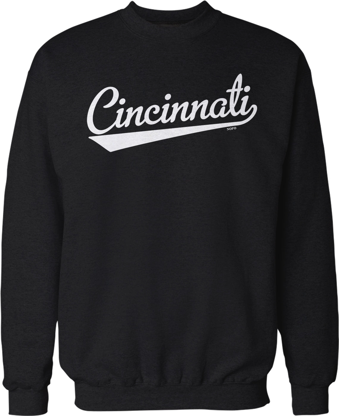 A black sweatshirt with the word "Cincinnati" printed in white text across the front.