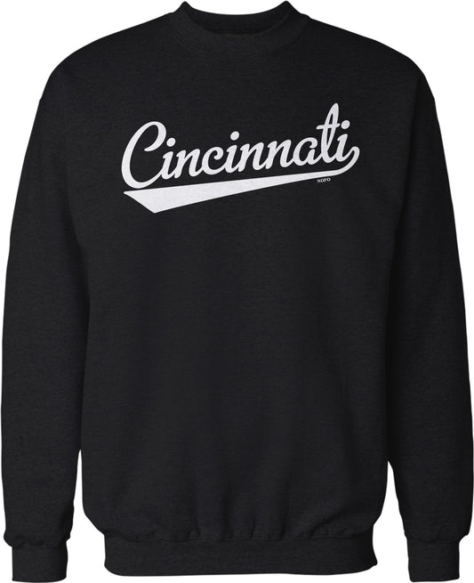 A black sweatshirt with the word "Cincinnati" printed in white text across the front.