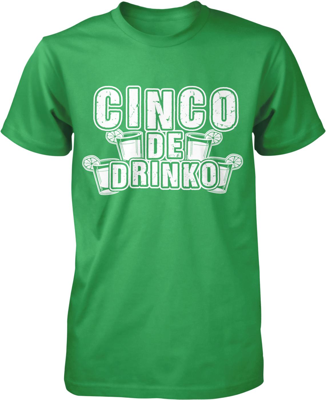 A green t-shirt with the text "CINCO DE DRINKO" printed on it.