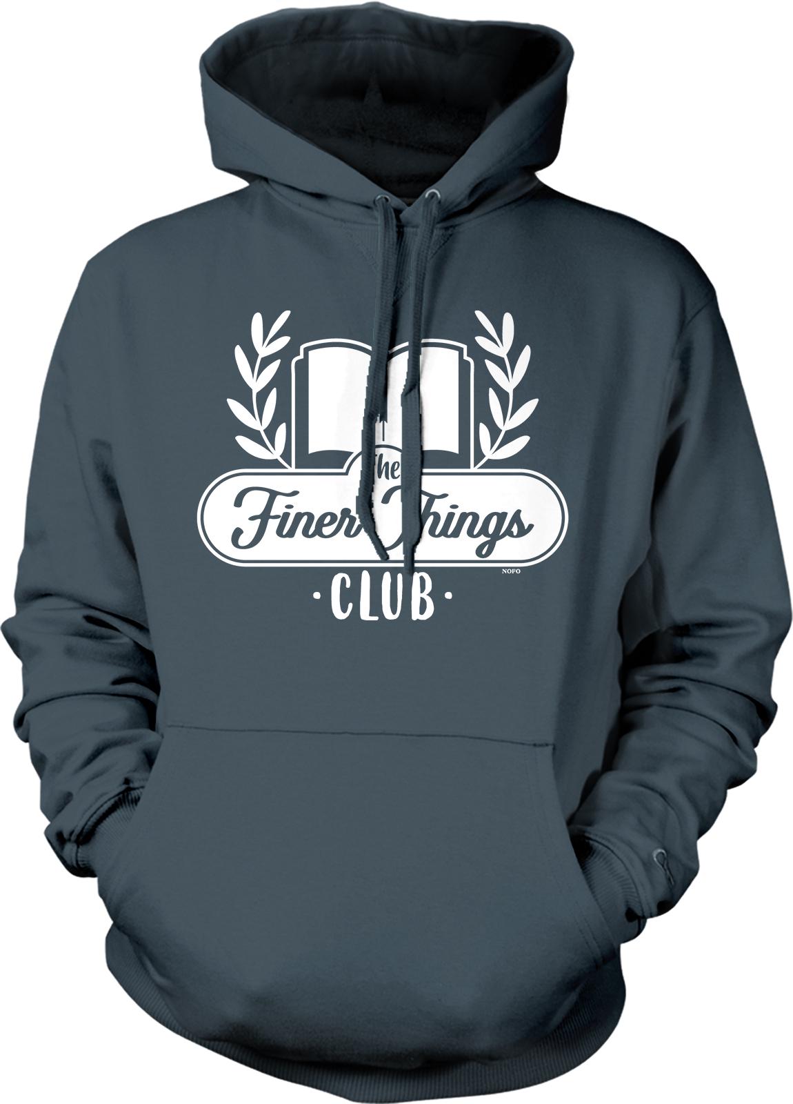 A gray hoodie with a graphic design featuring the text "The Finer Things Club" and a laurel wreath above it.