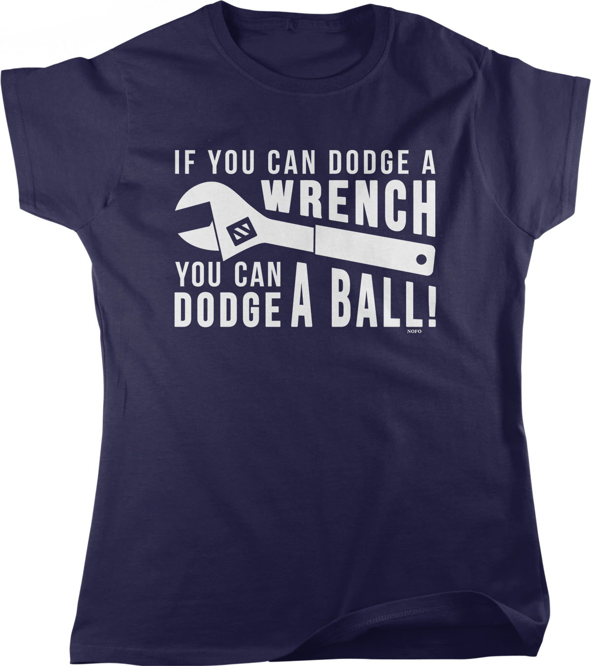 The image is a navy blue t-shirt with a humorous text printed on it.