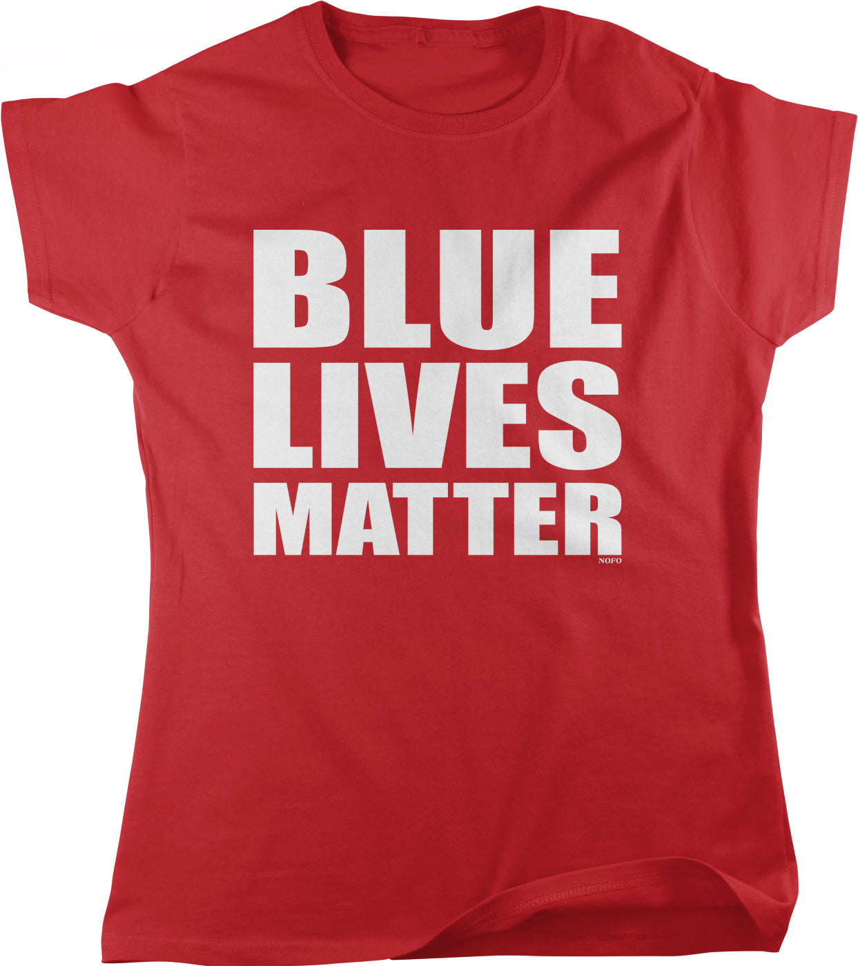 A red t-shirt with the text "BLUE LIVES MATTER" printed on it in white letters.