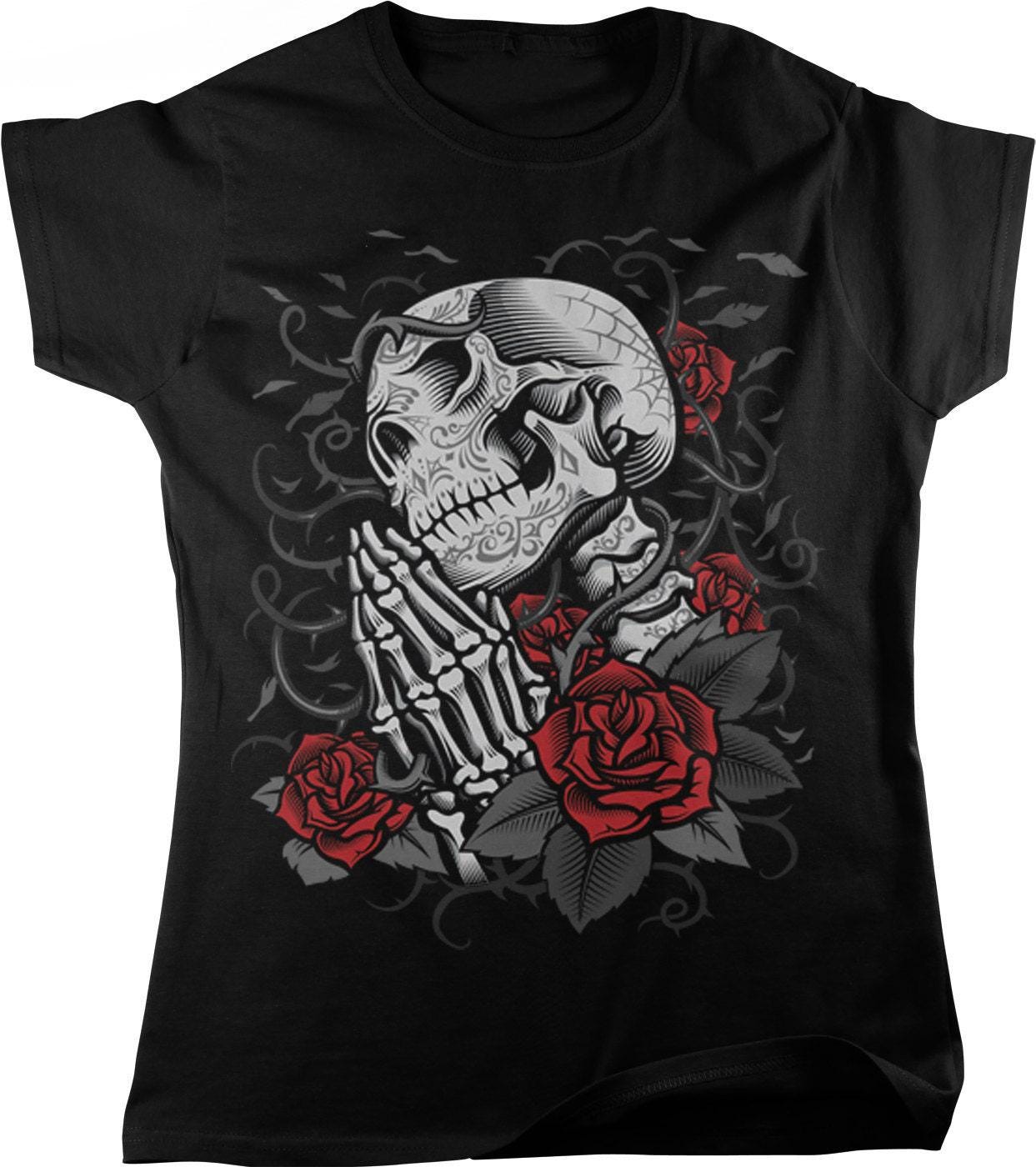 Dia De Muertos T-Shirt – Skeleton Womens Tee With Red Roses & Thorn Motif