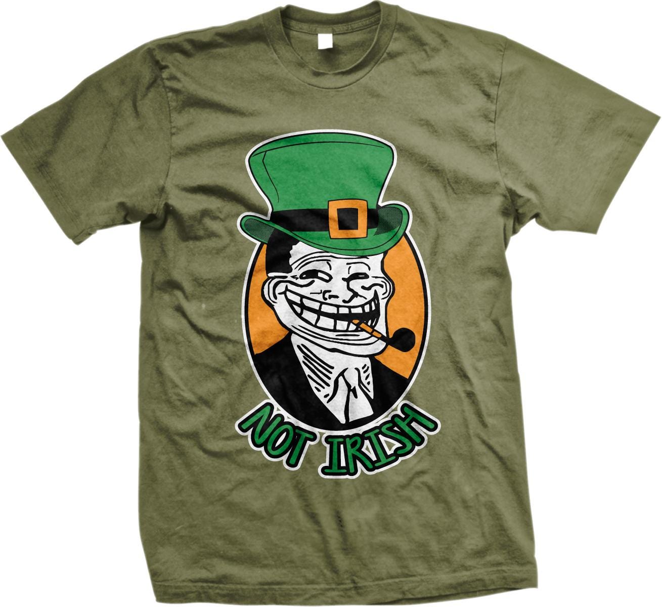A t-shirt with a cartoon image of a smiling, smiling skeleton wearing a green top hat and holding a pipe. The text below the image says &quot;NOT IRISH&quot;.
