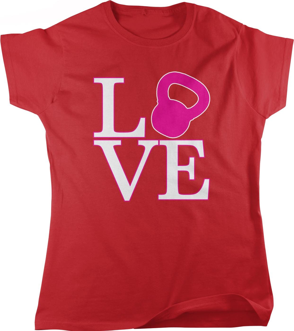 A red t-shirt with the word "LOVE" printed on it, along with a pink kettlebell graphic.