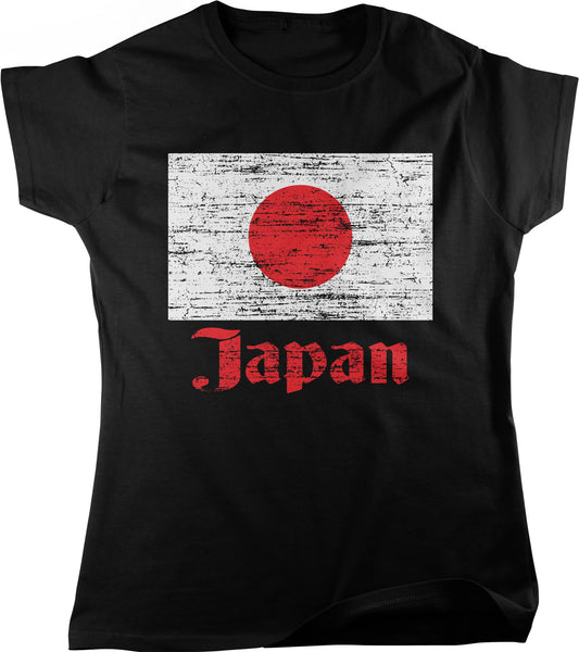 A black t-shirt with a graphic design featuring the flag of Japan and the word "Japan" written below it.