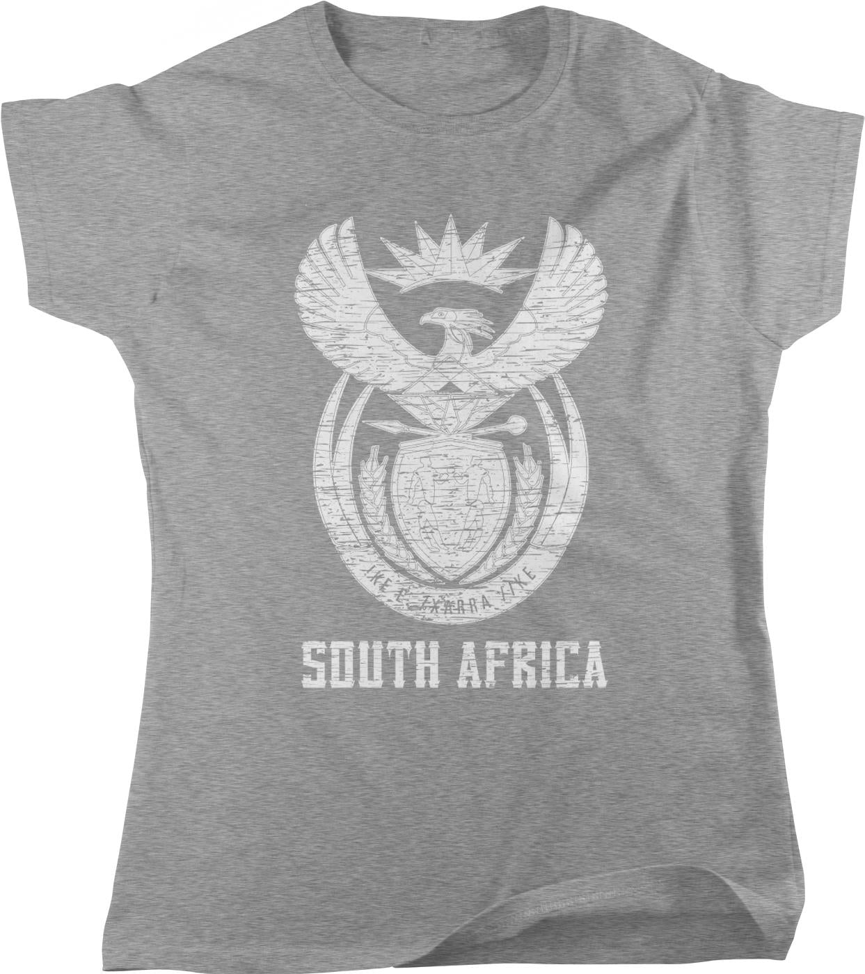 A gray t-shirt with a graphic design depicting the South African coat of arms, which is a shield with a crown at the top and a bird in flight at the bottom.