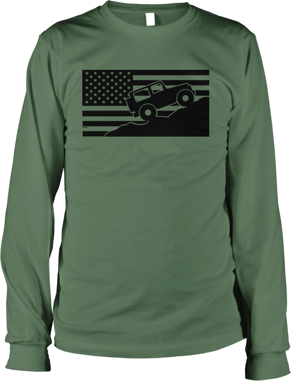 A long-sleeved green t-shirt with a graphic design depicting a jeep on top of an American flag.