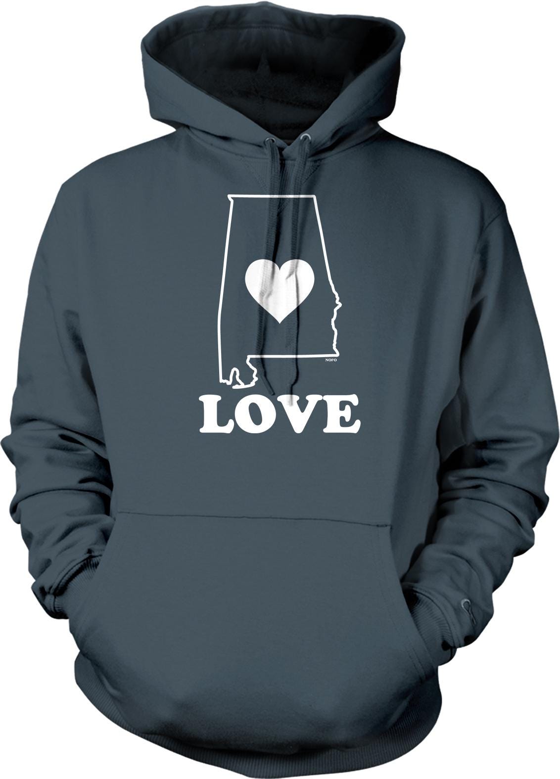 A gray hoodie with a graphic design of the state of Alabama and the word "LOVE" printed on it.