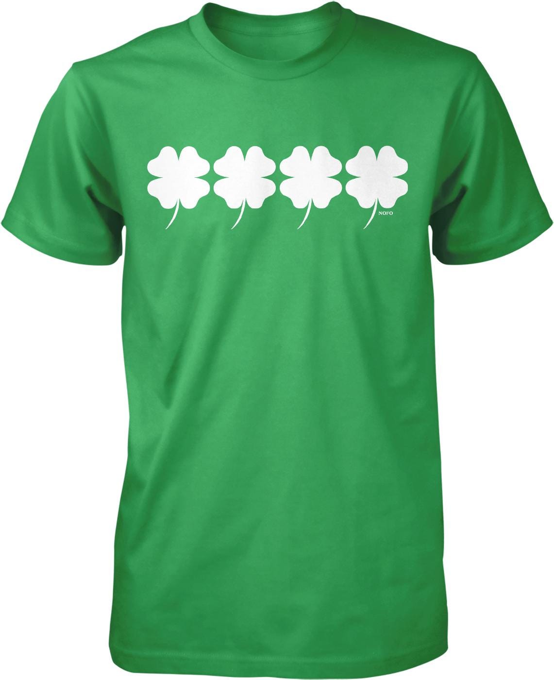 A green t-shirt with four white clover leaves arranged in a row.