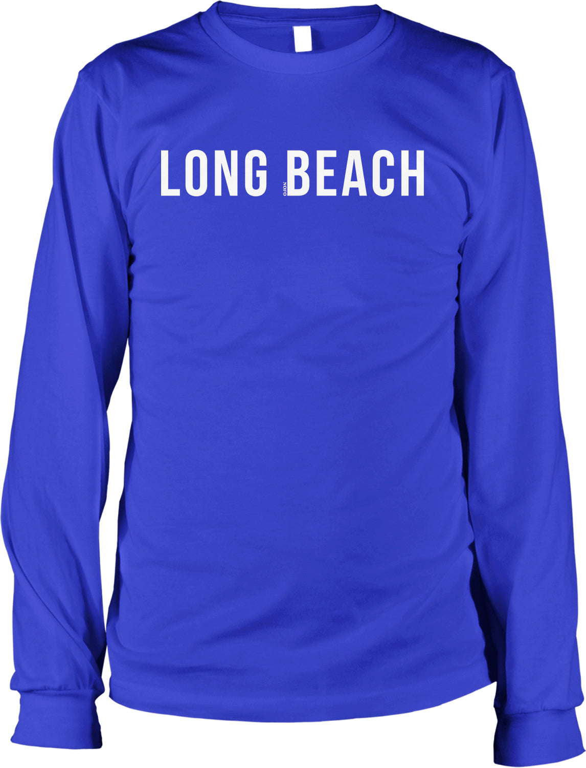 A long-sleeved blue t-shirt with the text "LONG BEACH" printed on it.