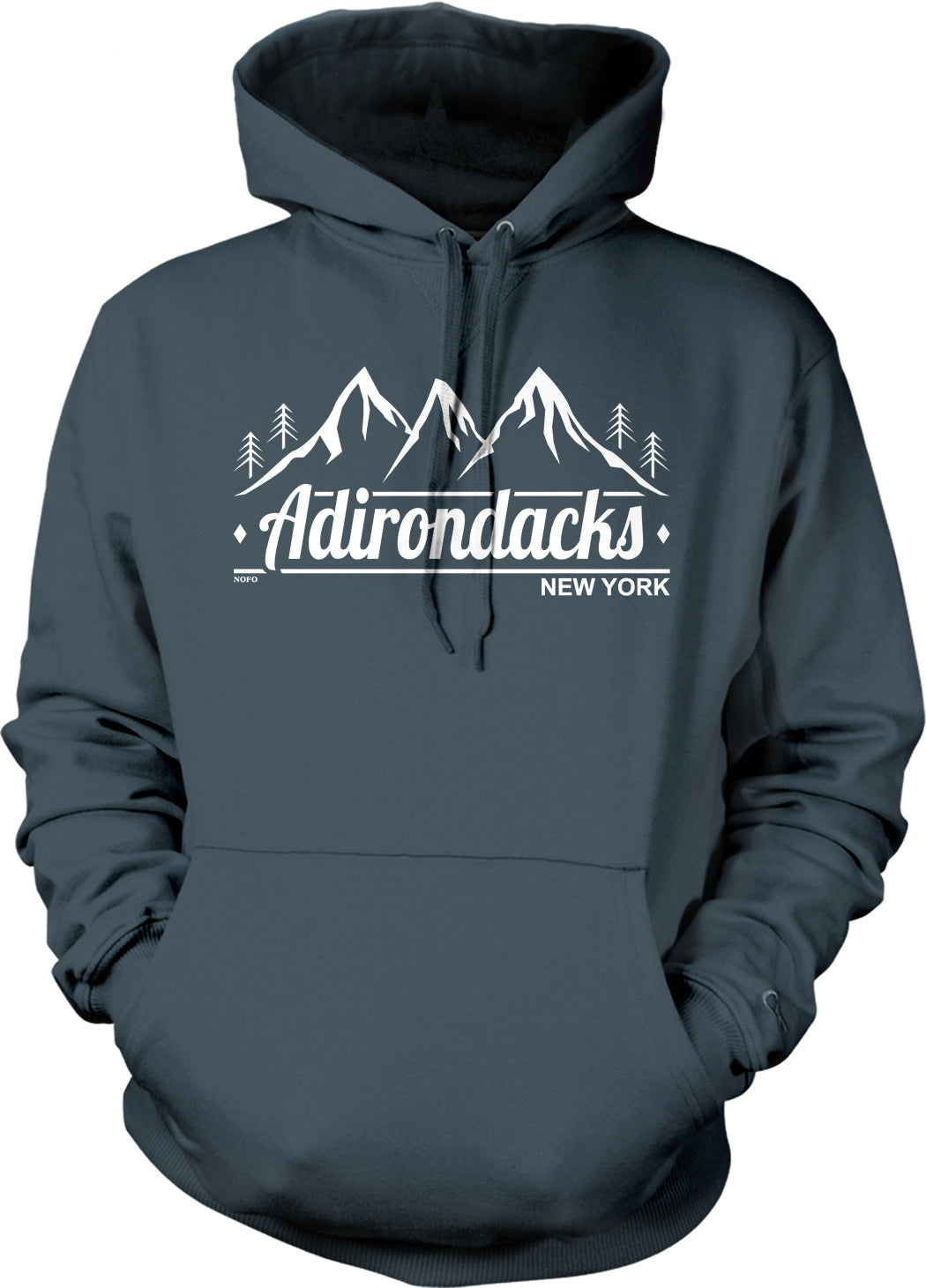 A gray hoodie with a graphic design featuring mountains and trees, along with the text "Adirondacks New York".