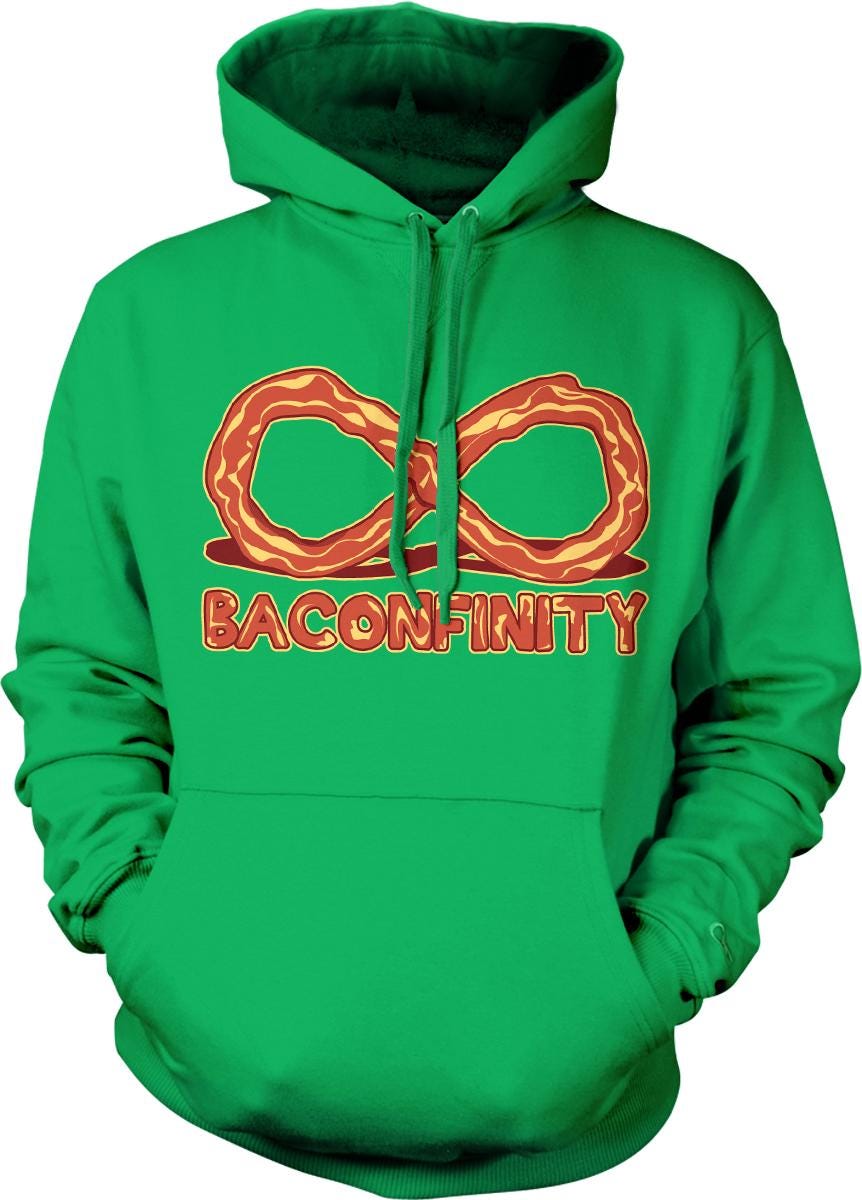 A bright green hoodie with a graphic design featuring a large pretzel and the text "BaconFinity" printed on it.