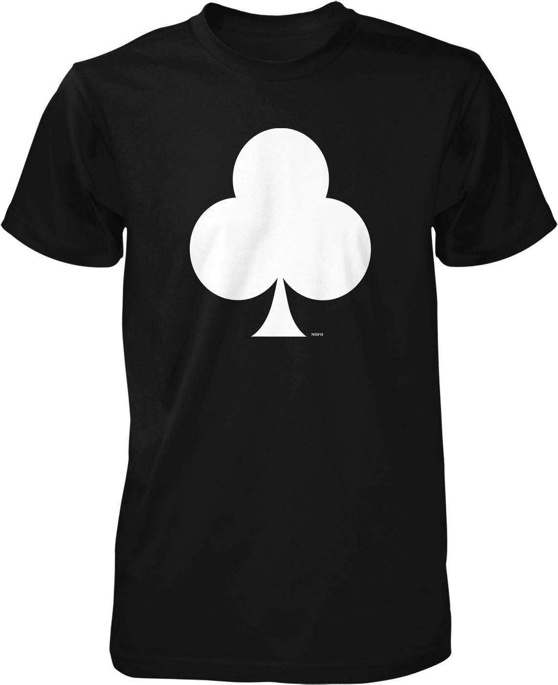 A black t-shirt with a white graphic of a three-leaf clover on it.
