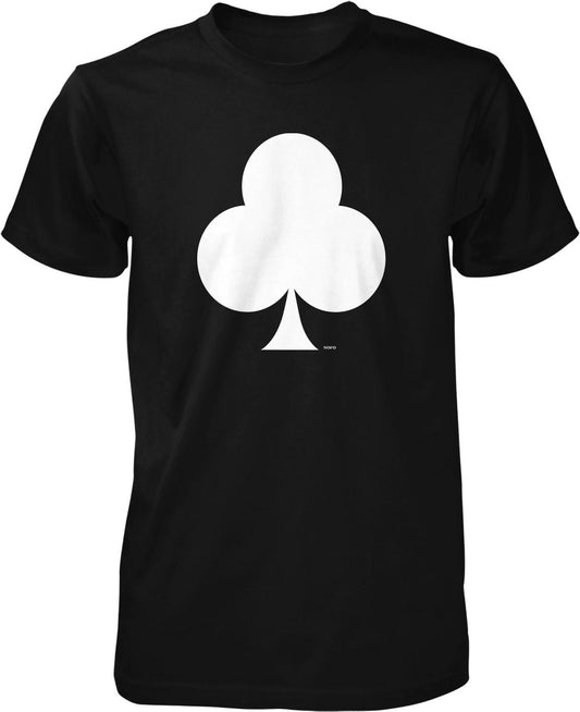 A black t-shirt with a white graphic of a three-leaf clover on it.