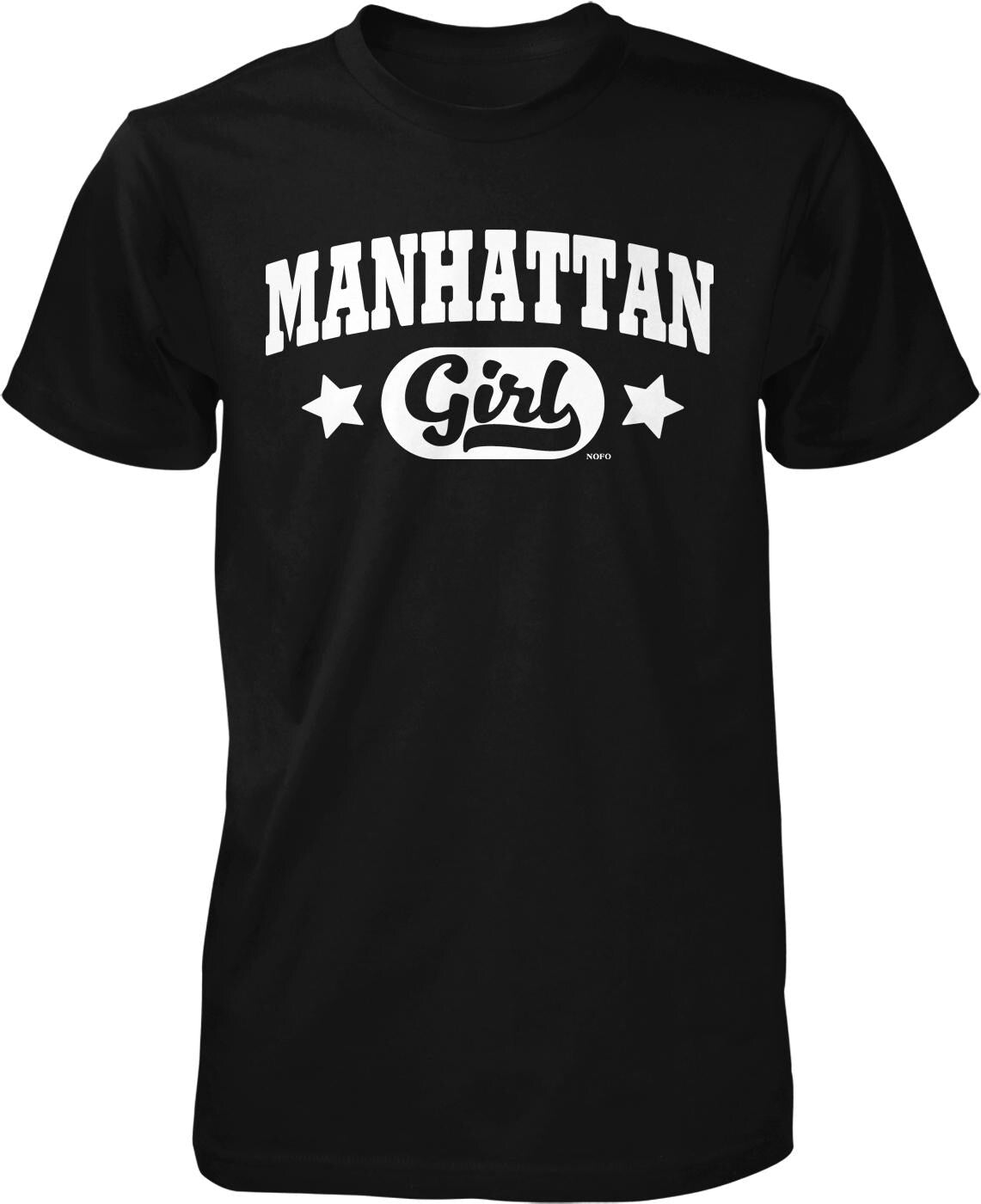 A black t-shirt with white text and graphics printed on it.